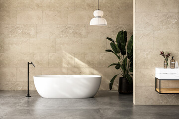 Bright minimal bathroom interior with white marble basin and double mirrors, bathtub, plant, concrete floor, beige tiles wall. Bathing accessories and pendant lights in hotel studio. 3D rendering