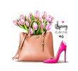 Fashion set with pink shoe,female bag and tulips. Spring set. Fashion illustration.