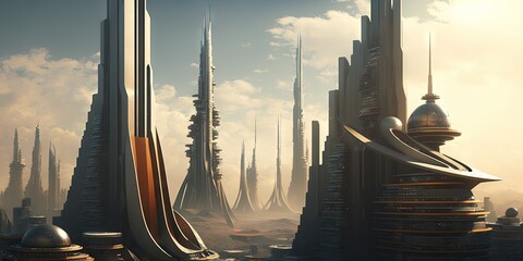 Wall Mural - A view of the commercial district's futuristic towers. Generative AI