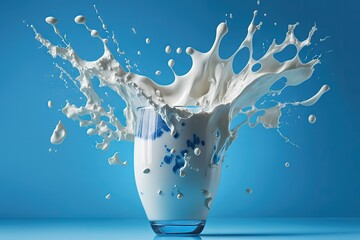 Canvas Print - Milk splashed out of the glass against a blue background. a dairy idea. Generative AI