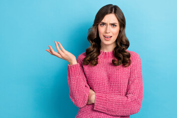 Poster - Photo of stressed depressed lady wear pink clothes demonsatrte aggression outrage empty space isolated on blue color background