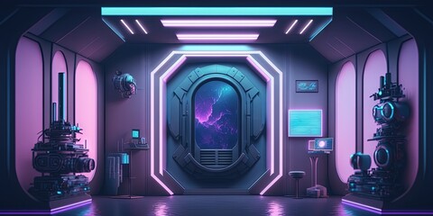 Wall Mural - Abstract purple and blue room background. notion of cyberpunk. Scene for an advertisement, a banner, cosmetic commercials, a fashion show, or a business. Science fiction illustration. Display of produ