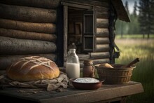 Freshly made bread in a rural environment. Generative AI