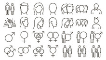 Vector Thin Line Icon Set Of Of Gender Related Vector Icons. Different Gender Face Head Avatars. Sexual Orientation And Gender Signss And Symbols. Equality, Difference, Choice