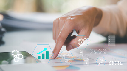 Poster - accountant calculating numbers ,and growth graphs in company financial documents, analysis of company financial data , planning to assess and review the budget , concept of finance and investment