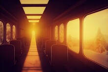 Digital Illustration Of An Empty Train Carriage On A Journey In Winter. Inside Of A Train Wagon With Windows And Golden Sunset Light Coming In. Fantasy Dreamy Interior In A Winter. Generative AI