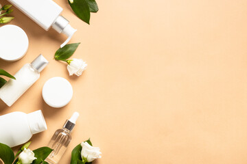Poster - Skin care concept. Natural cosmetic products with green leaves and flowers. Flat lay image with copy space.