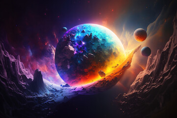 Wall Mural - Vibrant hues of fantasy planets are visible from the rocky surface of a planet. A large celestial body is shine and coloring space in rainbow colors. Fantasy Galaxy background. Generative Ai.