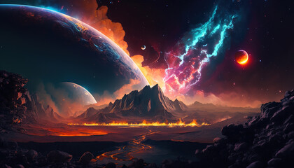 Wall Mural - Fantasy cosmic landscape. View of a huge planet and cloudy colorful nebulas in space and from a rocky valley with hot volcanic lava and fire against the background of the mountain. Generative Ai.