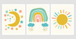 Scandinavian style cute posters with rainbow, cloud and sun. Childish drawing for nursery design. Fun doodle rainbow. Hand drawn illustration. Scandinavian nursery design.