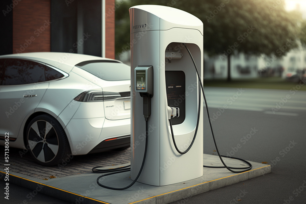 Electric car charging station design concept. Renewable green energy ...