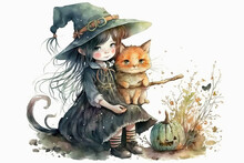 Little Girl Witch Sitting With Cat And Pumpkin Watercolor, Generative AI