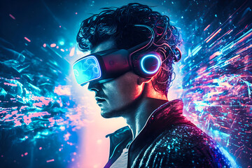 Futuristic man wearing wirtual reality headset at cyber space background. Metaverse concept - Generative AI