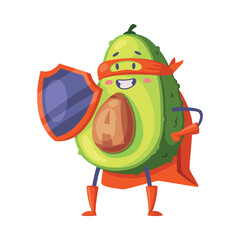 Poster - Green Avocado Superhero Character Standing with Shield Wearing Red Cloak or Cape and Mask as Justice Fighter Vector Illustration