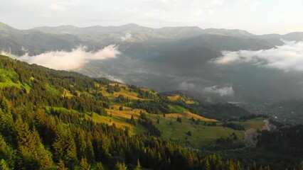 Wall Mural - Aerial pan view stunning green landscape of caucasus mountains in Adjara region border to Turkey