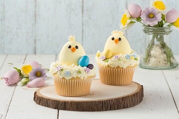 Sticker - adorable Easter chick cupcakes. Fresh flowers and vanilla cupcakes with buttercream are displayed on a white stand against a background of white wood. the space bar. Generative AI