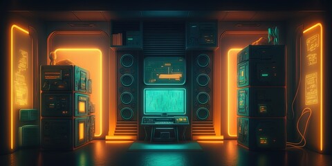 Wall Mural - Illustration Neon stage scene pedestal room, gaming gamer background abstract wallpaper, cyberpunk style metaverse scifi game. Generative AI