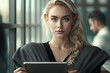© RCH Photographic - Very attractive young blonde woman in a busy office holding a smart tablet, positive corporate workspace image, generative AI illustration