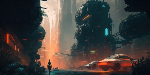 Poster - Concept of a metaverse city and cyberpunk. Generative AI