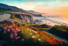  Wild Flowers And California Coastline In Big Sur At Sunset, Watercolor Style AI Generated