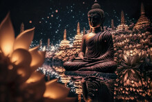 Buddha Statue With A Lotus Flowers Floating On The Water. Generative Ai.
