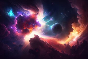 Sticker - Space Nebula, 4k colorful abstract background illustration, space, surreal explosion, vibrant stars, and asteroids. Generative AI