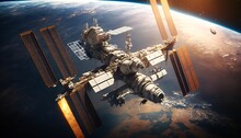 Space Station On Orbit Of Earth Planet View From Outer Space With Generative AI Technology.