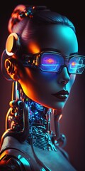 Canvas Print - Humanoid robot. Manikin face with glasses. Woman robot face close up. Robotics. Concept artificial intelligence. Close up of an artificial intelligence robot head. Creation of robotics. Neon light