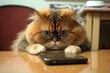 Cat with sly expression wants to drop a smartphone lying on edge of table, concept of Mischievous and Inquisitive, created with Generative AI technology