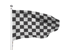 Black White Race Chequered Or Checkered Flag With Metal Stick Isolated Background. Motorsport And Motorcycling Racing Symbol Concept