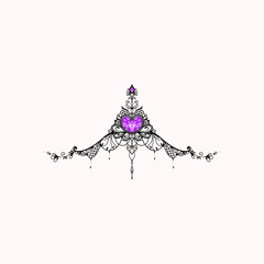 Wall Mural - sternum and underboob tattoo art vector. Fine line black ink feminine tattoo of a purple diamond heart. 