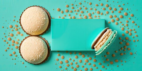 Sticker - Top view of a cake macaroon or macaroon on a turquoise background, gorgeous almond cookies in pastel colors, and an old fashioned greeting card. Generative AI