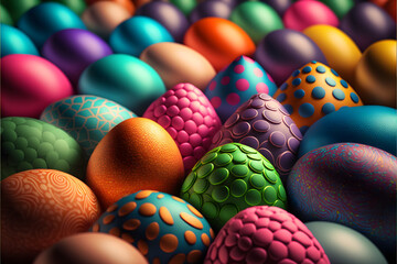 Wall Mural - Background of many colorful Easter eggs created with generative AI technology