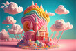 A very colorful castle surrounded by clouds and sprinkles, fantasy art, rendered in cinema4d, behance hd, generative AI

