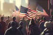 Background blur of crowd at political rally in the United States holding signs and carrying US flags. Great image for upcoming election cycle in 2024 presidential campaigns.