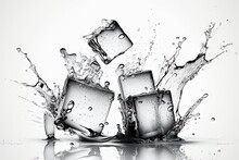 Ice Cubes With Water Splash Isolated On A White Backdrop, Close Up. Generative AI