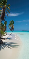 Wall Mural - Beach with beautiful coastline. Palm trees and caribbean sea. Color water is turquoise, white sand and green palm trees. Little foaming waves. East National Park isla Saona, Dominican Republic