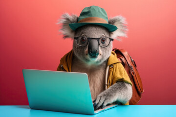 Wall Mural - Studio photo portrait of a happy koala in hipster clothes with a laptop, concept of Casual Attire and Animal Portrait, created with Generative AI technology