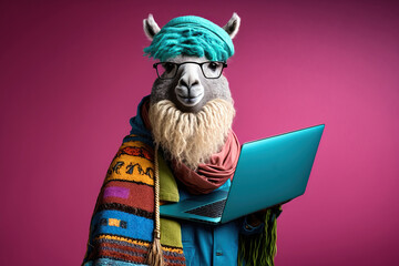studio photo portrait of a happy lama in hipster clothes using a laptop, concept of bright colors an