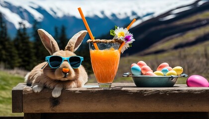 colorful beautiful easter dream with easter bunny on vacation trip created with generative ai techno