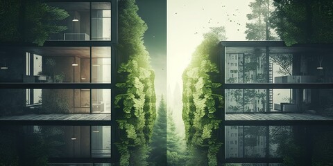 Canvas Print - dual exposure of windows in contemporary buildings and a lush green forest in a green city. Generative AI