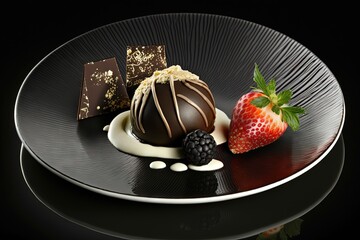 Sticker - dessert, black, plate, elegant, chocolate, ball, nuts, strawberry, food, fine, gourmet. Generative AI