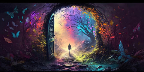 Wall Mural - spectacular enchanted colorful fantasy forest background, generative ai