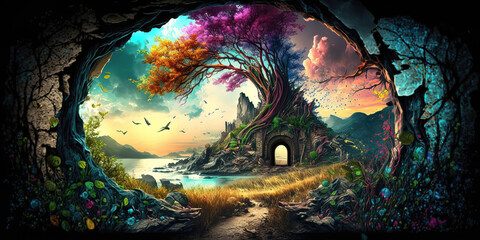Wall Mural - spectacular enchanted colorful fantasy forest background, generative ai