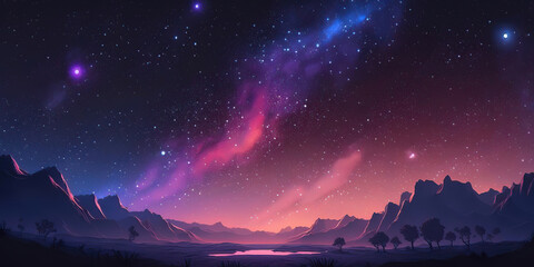 Canvas Print - colorful sky and galaxy universe and aurora borealis panoramic landscape background design, generative ai