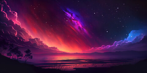 Wall Mural - colorful sky and galaxy universe and aurora borealis panoramic landscape background design, generative ai