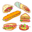 Club sandwich, tapas, falafel, deli wrap and roll. Colorful hand drawn vector illustrations set isolated on background. Outline stroke is not expanded, stroke weight is editable  
