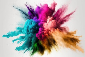 Canvas Print - background with abstract powder splatters eruption of colored powder against a white background. cloud with color. Bright dust explodes. Color Holi. Generative AI