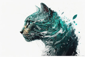 Wall Mural - abstract colorful double exposure waterpaint cat illustration background design, generative ai