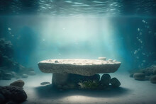 Underwater Scene With Empty Stone Pedestal For Product Display, Generative Ai